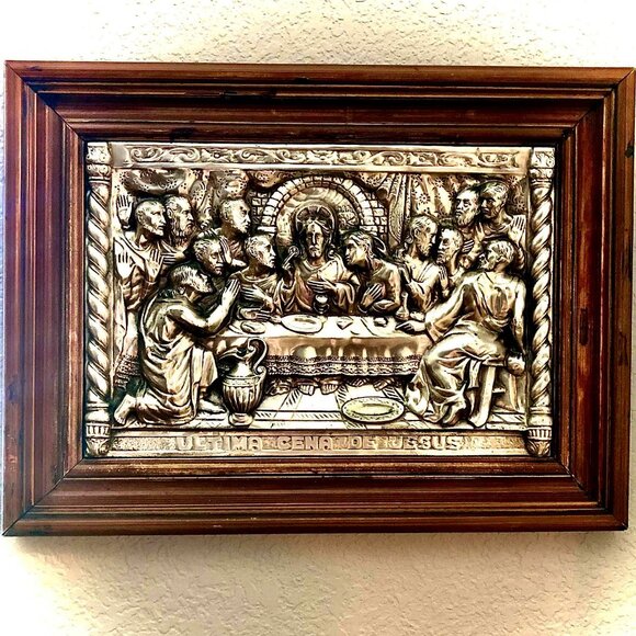 M.REGISTRADO Antique Framed Silver Repousse Relief Art Sculpture Last Supper 21" - Picture 2 of 10